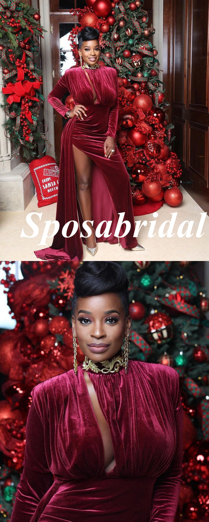 Elegant Burgundy Velvet Long Sleeves High Neck Side Slit Mermaid Long Prom Dresses, PD3791