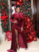 Elegant Burgundy Velvet Long Sleeves High Neck Side Slit Mermaid Long Prom Dresses, PD3791