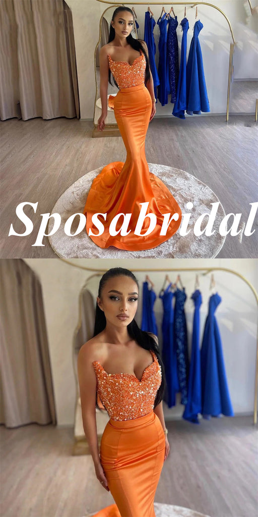 Sexy Soft Satin Sweetheart Sleeveless Mermaid Long Prom Dresses With Sequin And Beading, PD3940