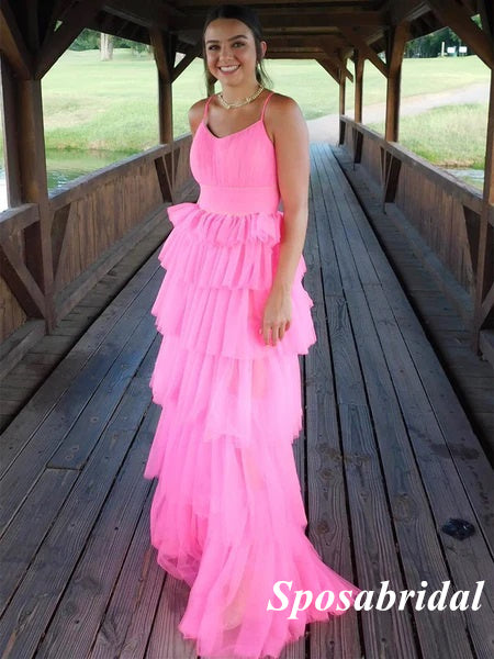 Sexy Hot Pink Tulle Spaghetti Straps A-Line Long Prom Dresses, PD3851