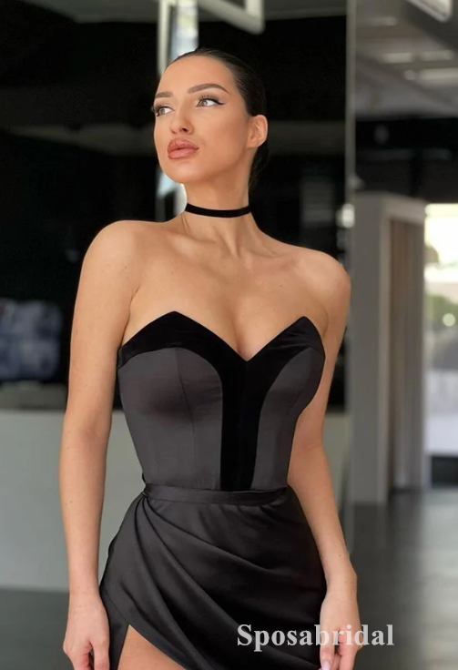 Sexy Satin And Velvet Sweetheart V-Neck Sleeveless Side Slit Mermaid Long Prom Dresses,PD3712