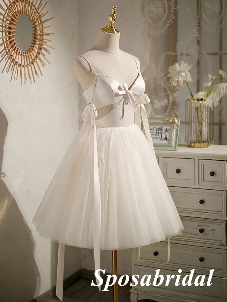 Sexy White Satin Spaghetti Straps V-Neck A-Line Mini Dresses/ Homecoming Dresses With Beading, PD3570