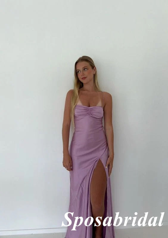 Sexy Soft Satin Spaghetti Straps Square Sleeveless Side Slit Mermaid Long Prom Dresses, PD3904