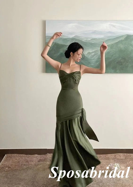 Sexy Satin Spaghetti Straps Sleeveless Mermaid Long Prom Dresses With Bow Tie, PD3906