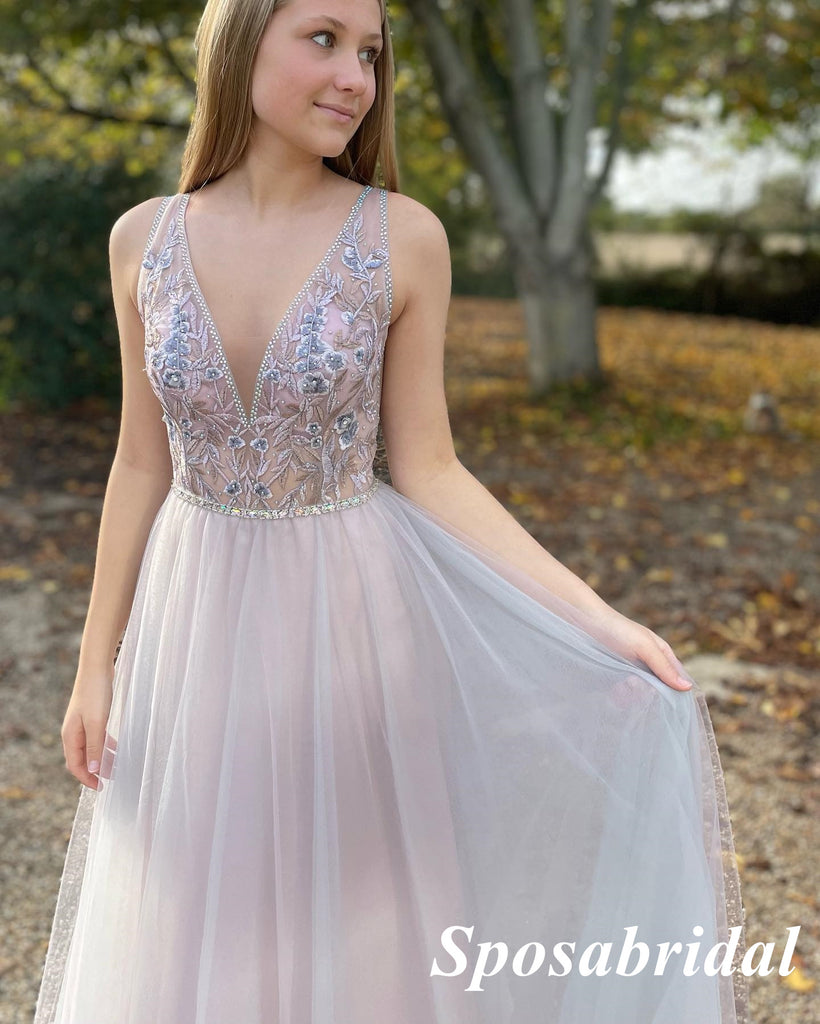 Sexy Tulle Spaghetti Straps V-Neck A-Line Long Prom Dresses With Appliques and Beading, PD3754