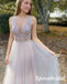 Sexy Tulle Spaghetti Straps V-Neck A-Line Long Prom Dresses With Appliques and Beading, PD3754