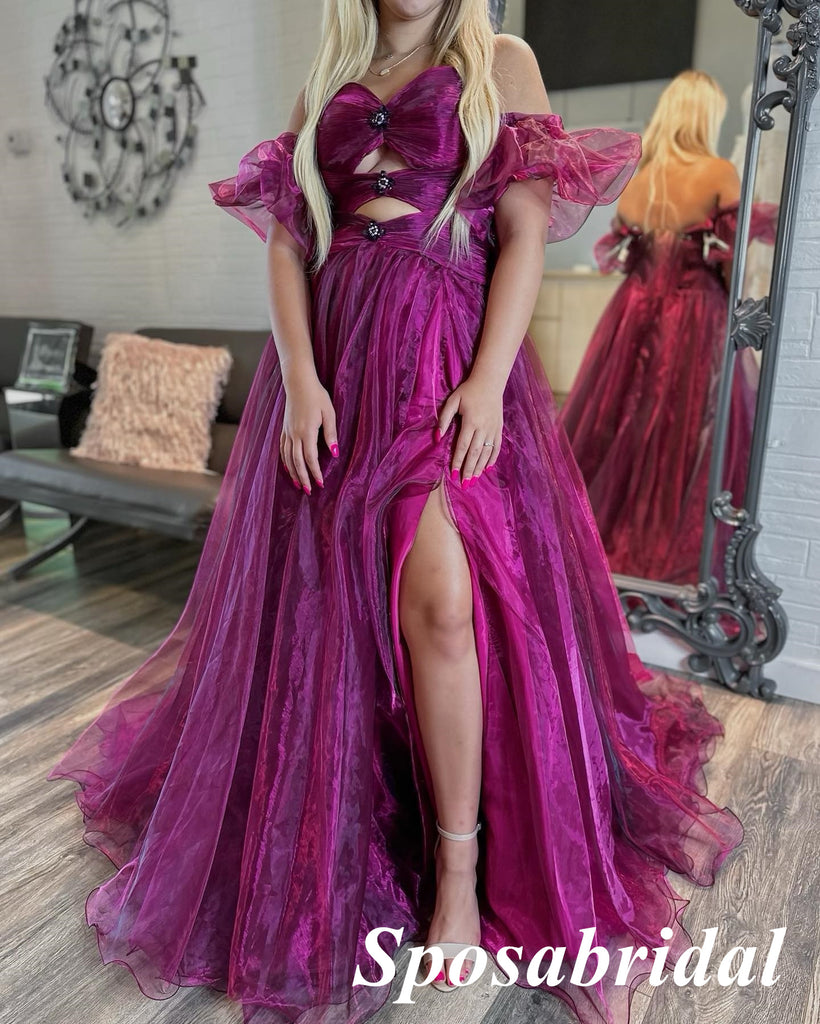 Sexy Special Fabric Sweetheart Side Slit A-Line Long Prom Dresses With Applique, PD3780