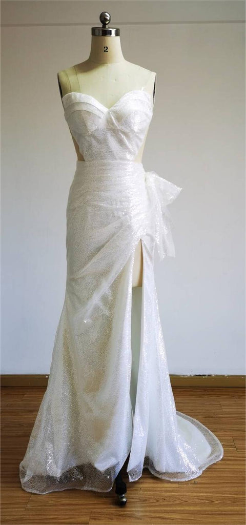 Sparkly Spaghetti Straps White Mermaid Sequin Prom Dresses, Evening Dress, PD2401