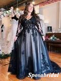 Elegant Black Tulle Long Sleeves A-Line Long Prom Dresses With Applique, PD3809