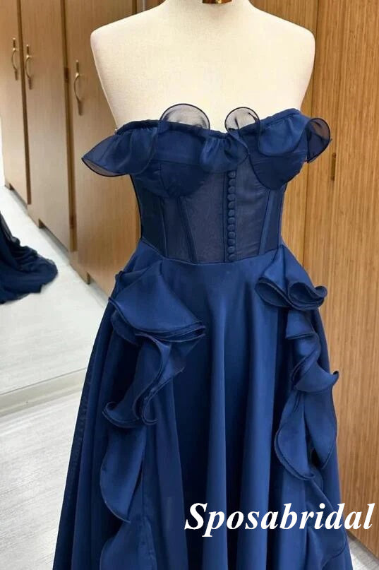 Elegant Dark-Navy Sweetheart A-Line Prom Dresses With Ruffles, PD3860