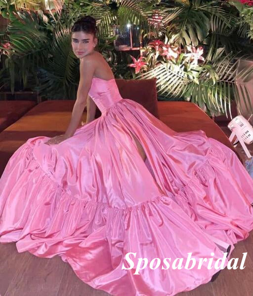 Sexy Pink Elastic-Satin Sweetheart Side Slit A-Line Long Prom Dresses, PD3801