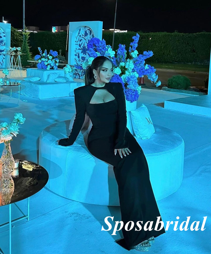 Sexy Black Jersey Long Sleeves Mermaid Long Prom Dresses, PD3802