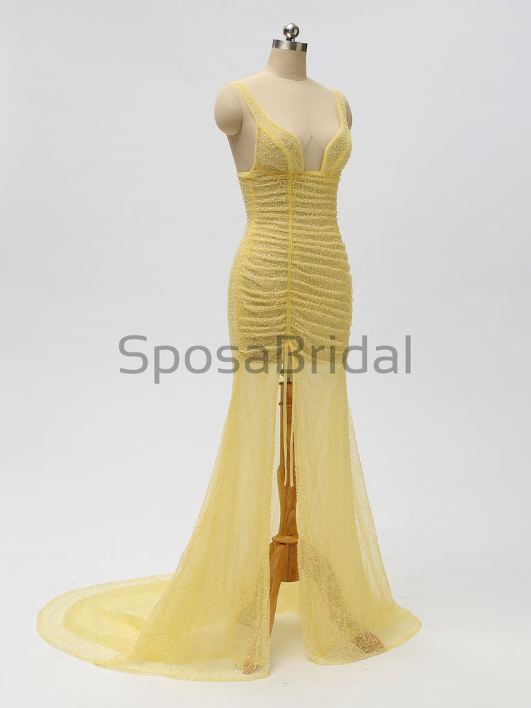 Sparkly Charming Yellow Sequin Mermaid Long Prom Dresses, PD1027