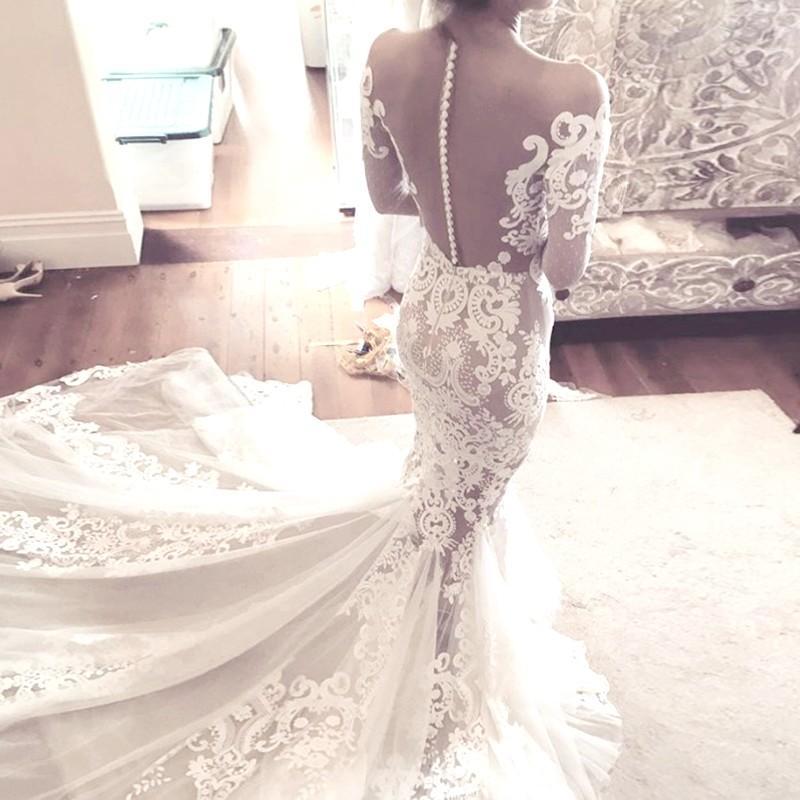 2019 Charming New Arrival Lace Long Sleeves Pretty Fashion Mermaid Popular Wedding Dress, PD0377 - SposaBridal