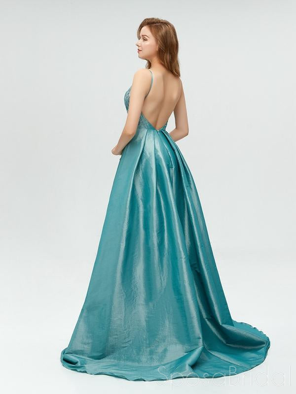 Spaghetti Straps Backless A-line Sparkly Long Blue V-Neck Prom Dresses, Party Dress, Evening dresses,  PD0565