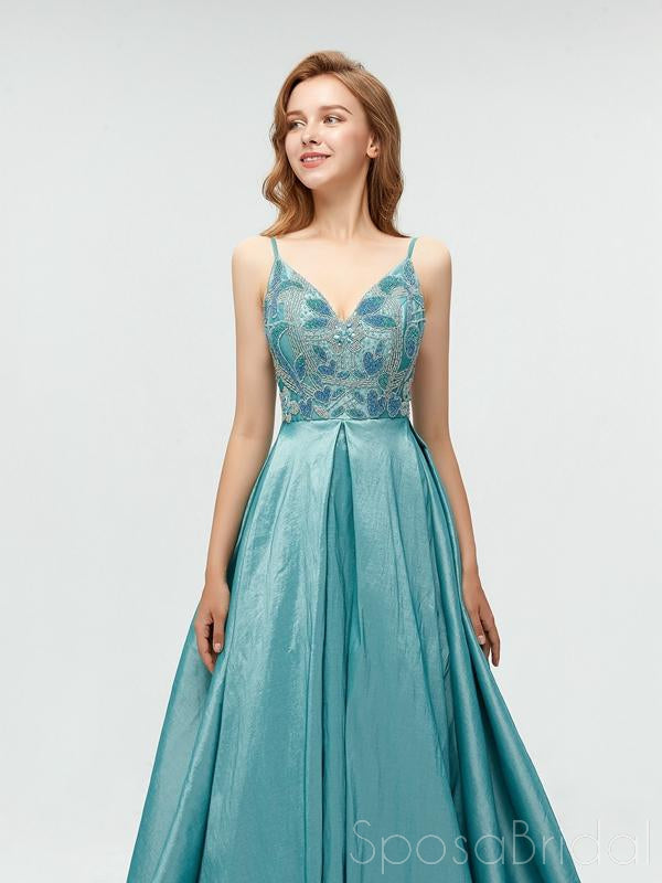 Spaghetti Straps Backless A-line Sparkly Long Blue V-Neck Prom Dresses, Party Dress, Evening dresses,  PD0565