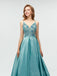 Spaghetti Straps Backless A-line Sparkly Long Blue V-Neck Prom Dresses, Party Dress, Evening dresses,  PD0565