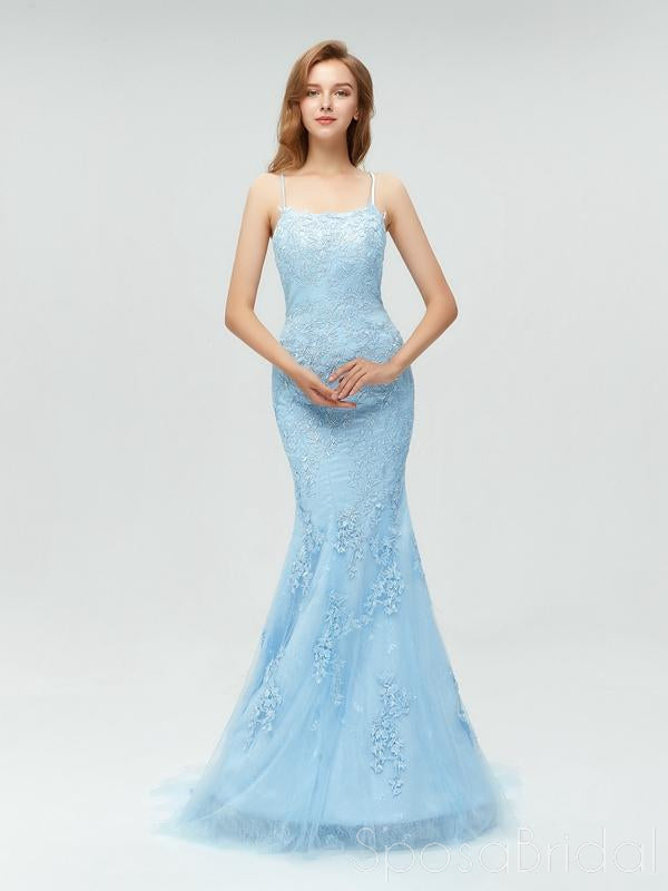 Spaghetti Strap Sky Blue Mermaid Long Prom Dresses, Backless Pageant Dress, PD1271