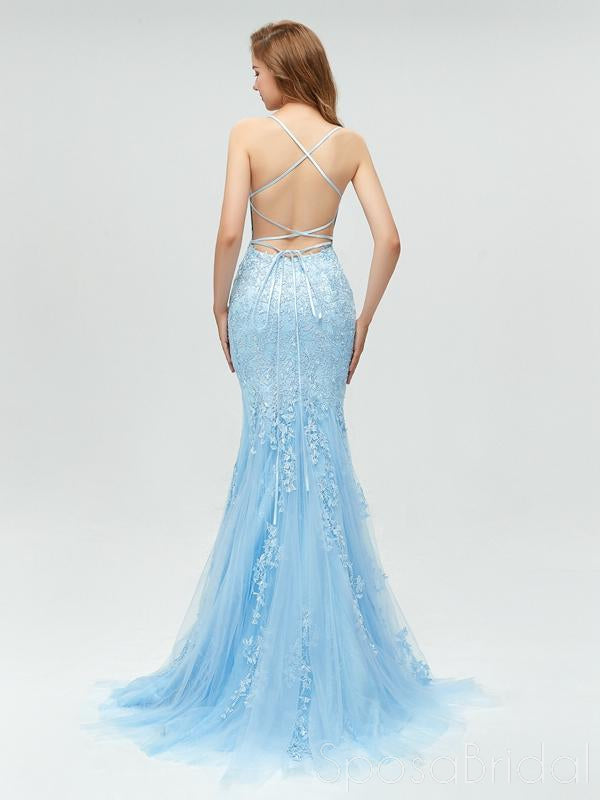 Spaghetti Strap Sky Blue Mermaid Long Prom Dresses, Backless Pageant Dress, PD1271
