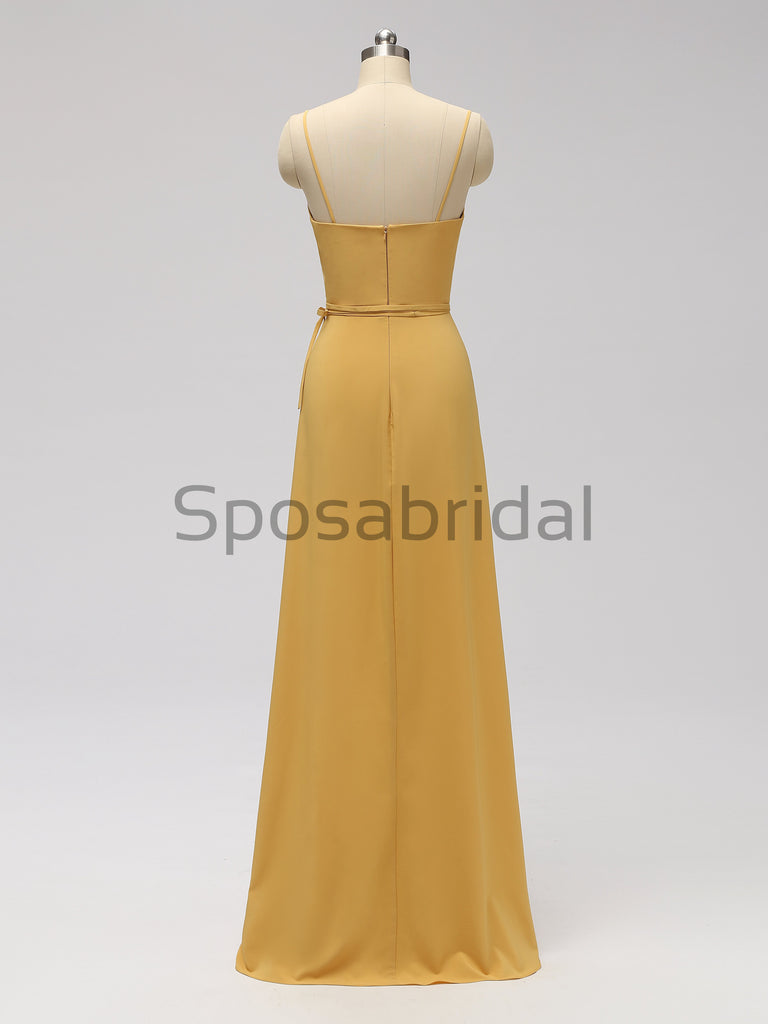 Charming V-neck Spaghetti Strap Yellow Long Prom Dresses Side-slit, PD0993