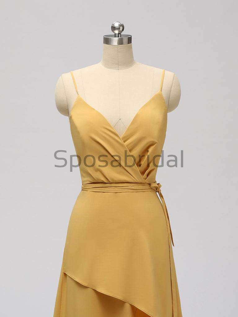 Charming V-neck Spaghetti Strap Yellow Long Prom Dresses Side-slit, PD0993