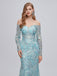 Modest Off-shoulder Ice-blue Long Sleeves Mermaid Long Lace Prom Dress, PD3571