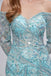 Modest Off-shoulder Ice-blue Long Sleeves Mermaid Long Lace Prom Dress, PD3571