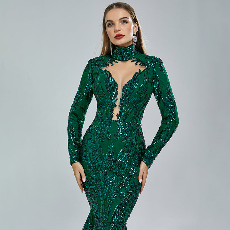 Luxurious Emerald High-neck Long Sleeves Sequin Lace Mermaid Long Prom Dress, PD3574