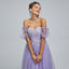 Lilac, Grey, Pink Off-shoulder Cute Lace Sparkly A-line Long Prom Dress, PD3572