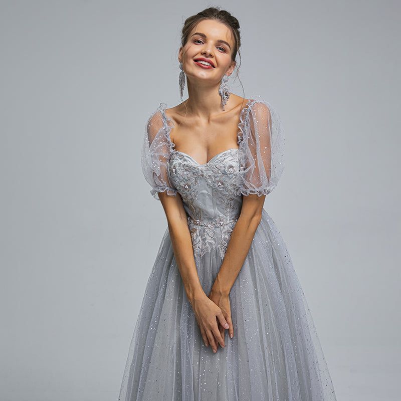 Lilac, Grey, Pink Off-shoulder Cute Lace Sparkly A-line Long Prom Dress, PD3572