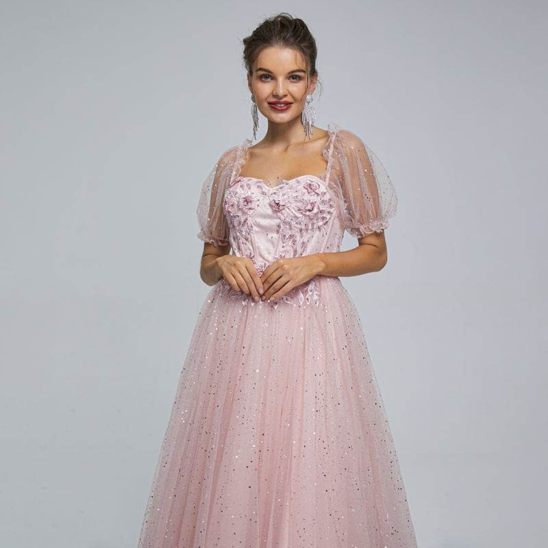 Lilac, Grey, Pink Off-shoulder Cute Lace Sparkly A-line Long Prom Dress, PD3572