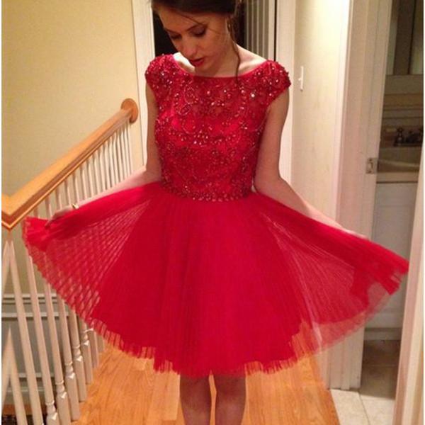 Blush red modest sparkly with sleeve freshman casual homecoming prom dress,BD00105 - SposaBridal