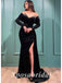 Sexy Velvet And Sequin Off Shoulder V-Neck Long Sleeve Side Slit Mermaid Long Prom Dresses, PD3586