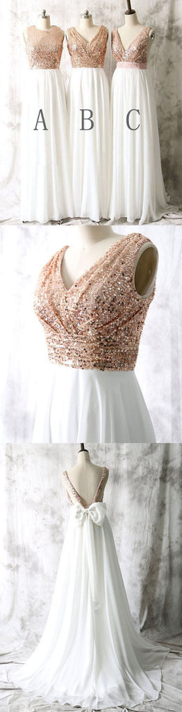 Mismatched Different Styles Sequin Top White Chiffon  On Sale Long Bridesmaid Dresses , WG17