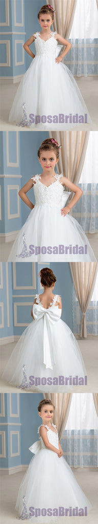 Cheap Comfortable Tulle Straps Lace Appliques Flower Girl Dresses with bow , Junior Bridesmaid Dresses, FG105 - SposaBridal