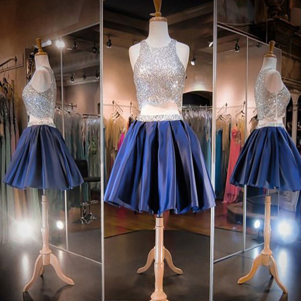 Blue sequin two pieces sparkly off shoulder sexy homecoming prom dress,BD0013 - SposaBridal