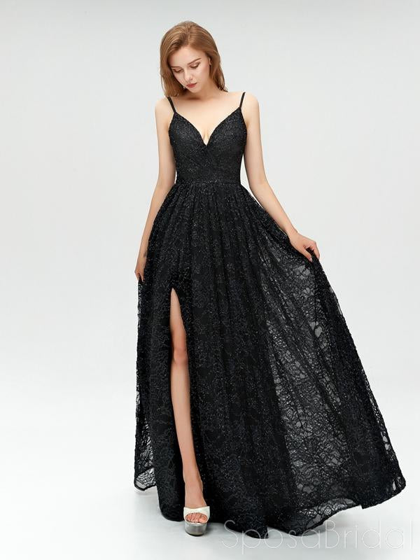 Black Sequins Spaghetti Straps V-neck A-line Slit Prom Dresses, PD0823