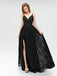 Black Sequins Spaghetti Straps V-neck A-line Slit Prom Dresses, PD0823