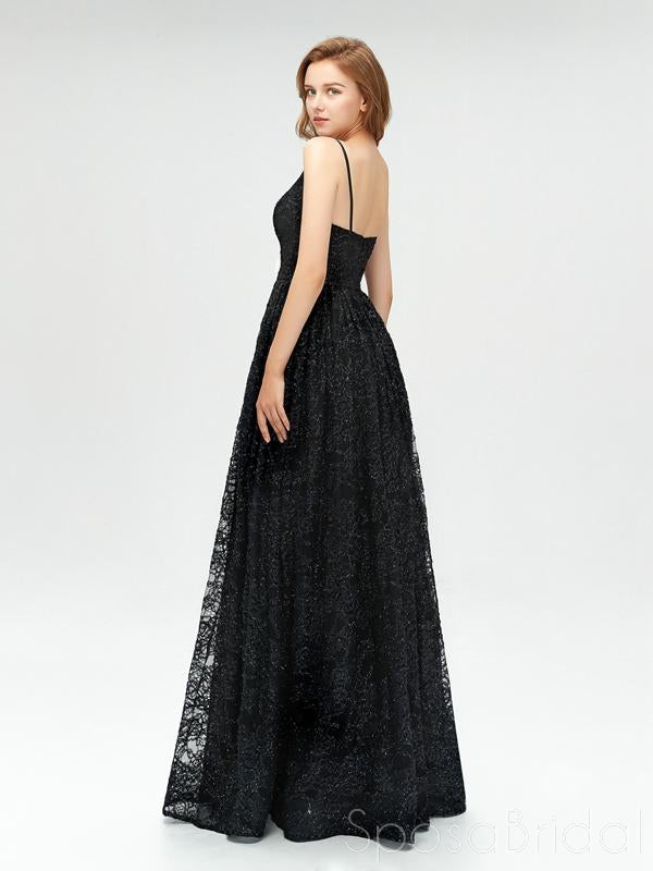 Black Sequins Spaghetti Straps V-neck A-line Slit Prom Dresses, PD0823