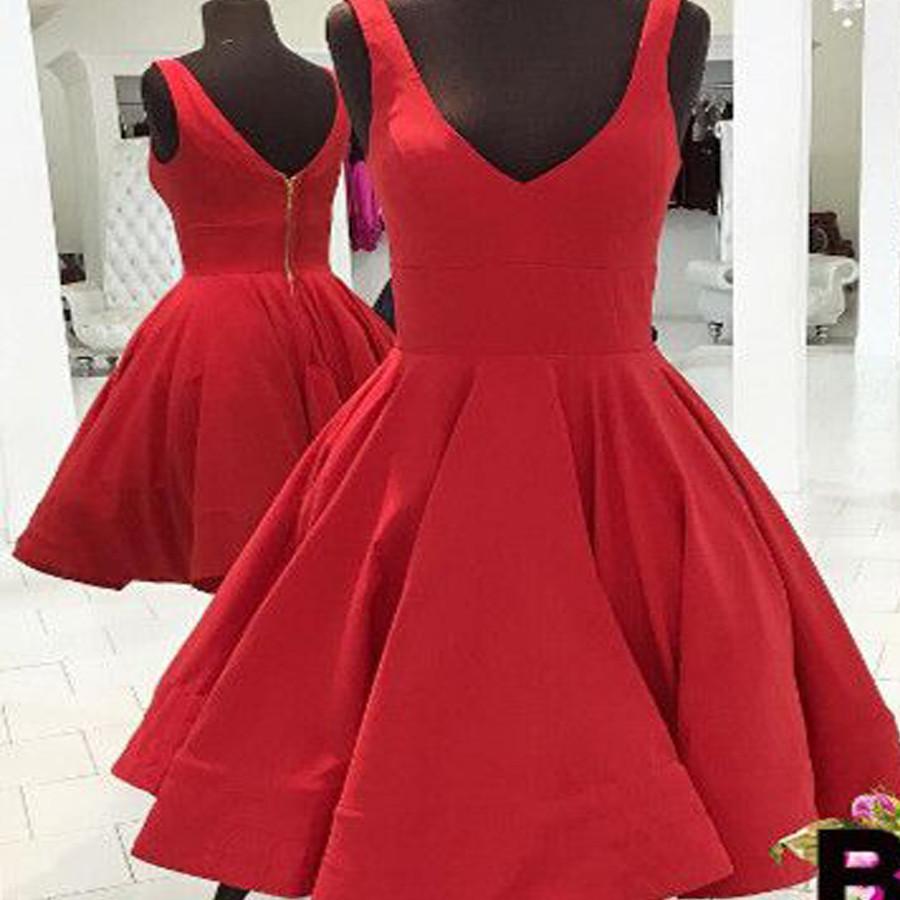 Blush red simple v-neck freshman A-line cheap homecoming prom gown dress,BD00141 - SposaBridal