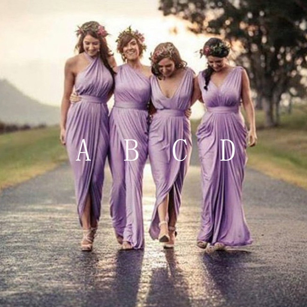 Charming Mismatched Pleating Different Styles Lilac Floor Length Cheap Wedding Guest Dresses, WG145 - SposaBridal