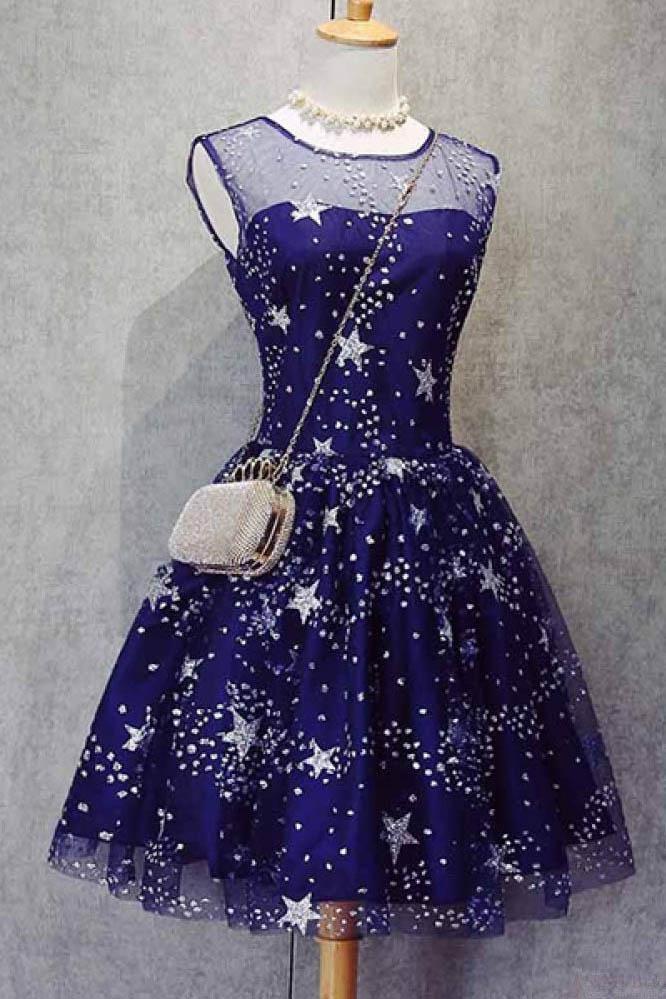 Blue Illusion Unique Cheap Short Homecoming Dresses 2018, CM552 - SposaBridal