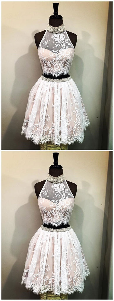 High Neck See Through Rhinestone Cute Pink Homecoming Dresses, CM496