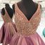 Backless V Neck Heavily Beaded Dusty Pink Homecoming Dresses, CM449 - SposaBridal