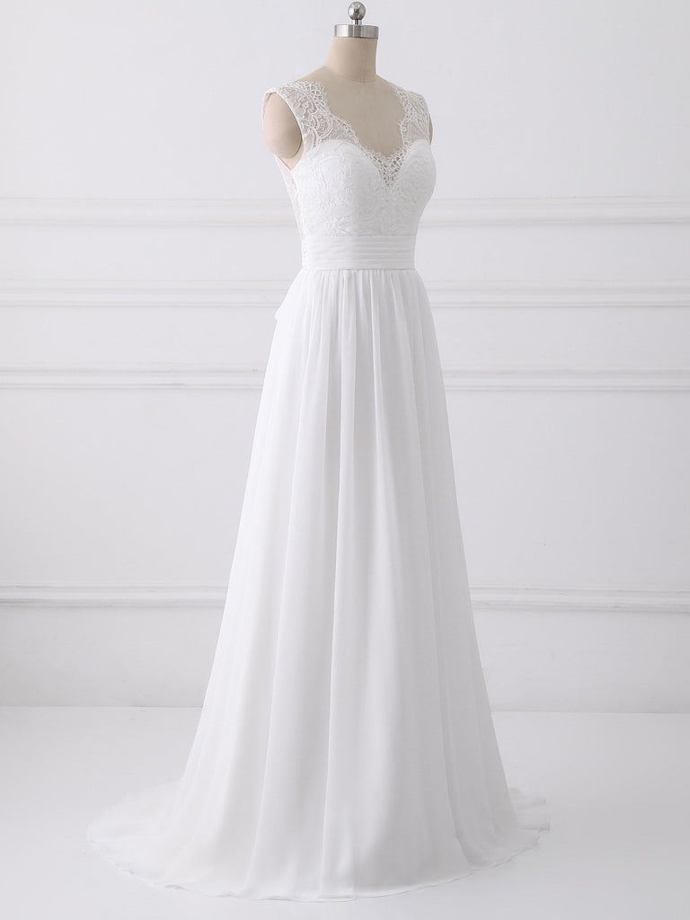 Modest V Neck Lace Straps Simple Custom Cheap Beach Wedding Dresses, WD317