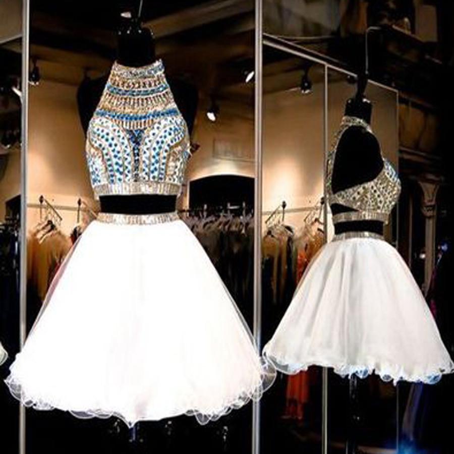 Beading Two pieces Halter sparkly vintage open backs unique casual Rehearsal homecoming dress,BD00196 - SposaBridal