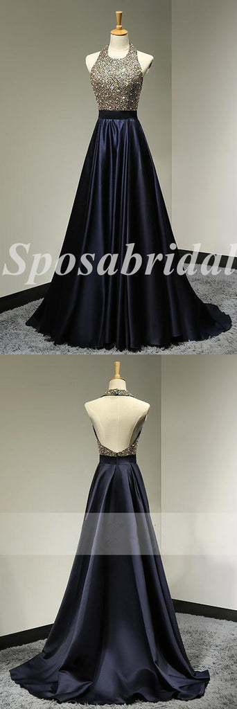 Sexy Sequin And Satin Halter Sleeveless Backless A-Line Long Prom Dresses,PD3676