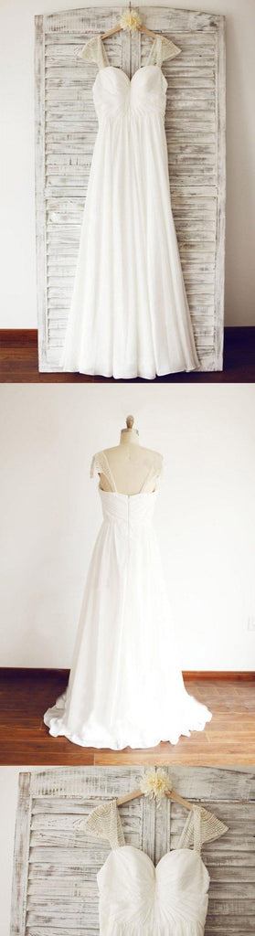 Cap Sleeve Elegant Sea Beach Cheap Chiffon Wedding Dresses With Beading, WD0176 - SposaBridal