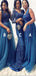 Mismatched Long Blue Elegant  Modest Bridesmaid Dresses with Appliques Beading ,WG392