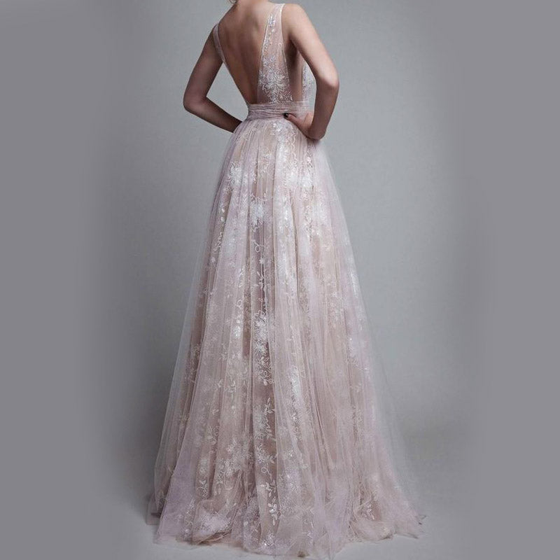 Sexy Ivory Tulle A-Line V-Neck Lace Appliques Long Party Prom Dress, PD0281
